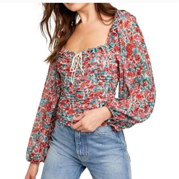 NEW! Free People Mabel Printed Blouse Sz Large Roses Combo Lace-Up Front Boho - Picture 2 of 12